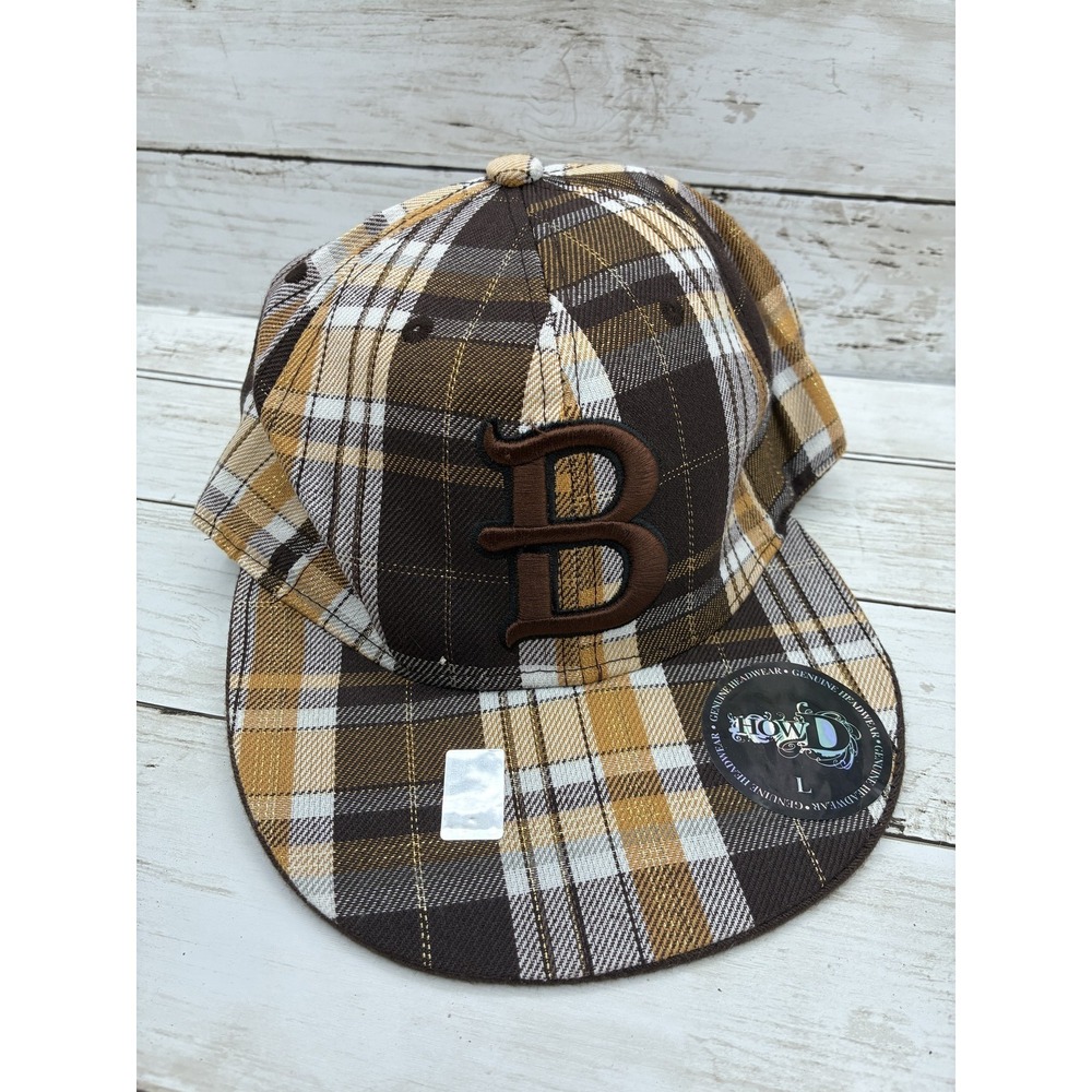 HOWD Plaid Flat Brim Hat Cap Size L Brown Gold White Plaid Embroidered B